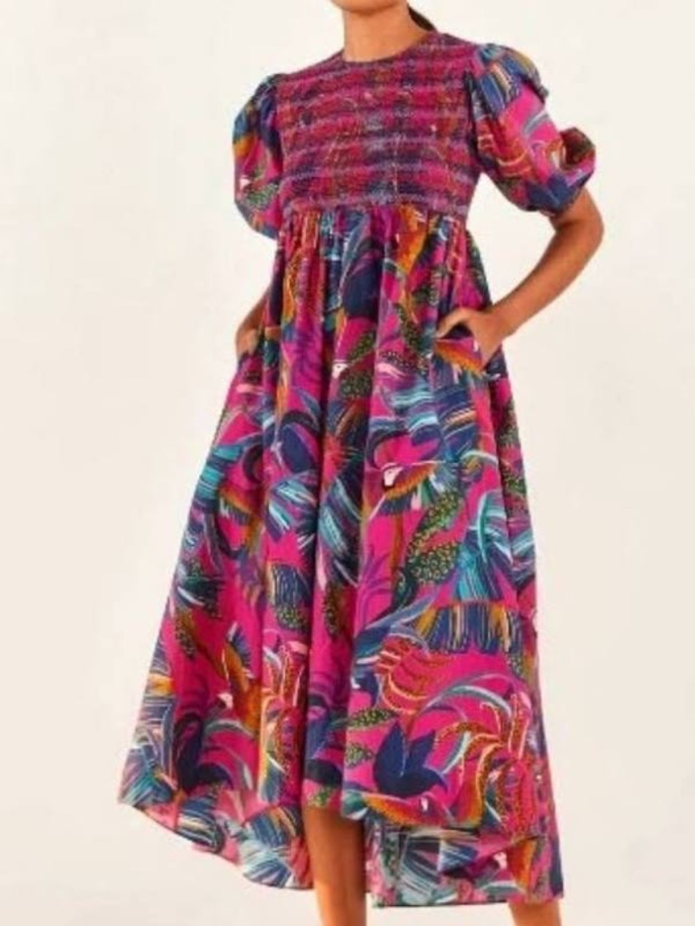 FARM Rio Fuchsia 100% Cotton Macaw Motif Short Sleeve Midi Dress Size M